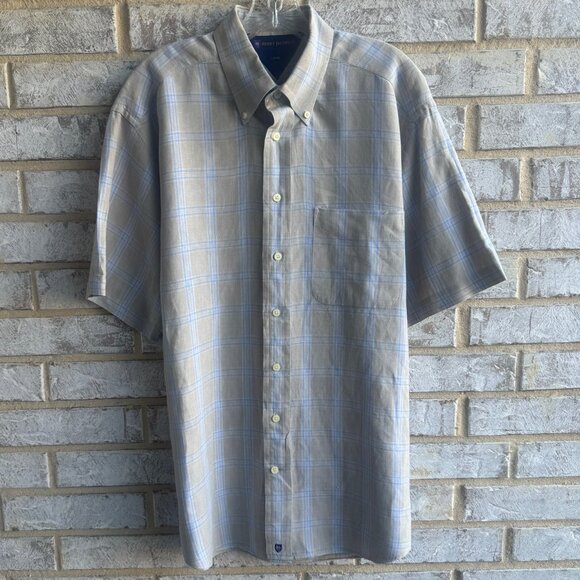 Henry Jacobson Long Sleeve Button Up Collared 100% Linen Plaid Shirt Size L - Picture 2 of 9